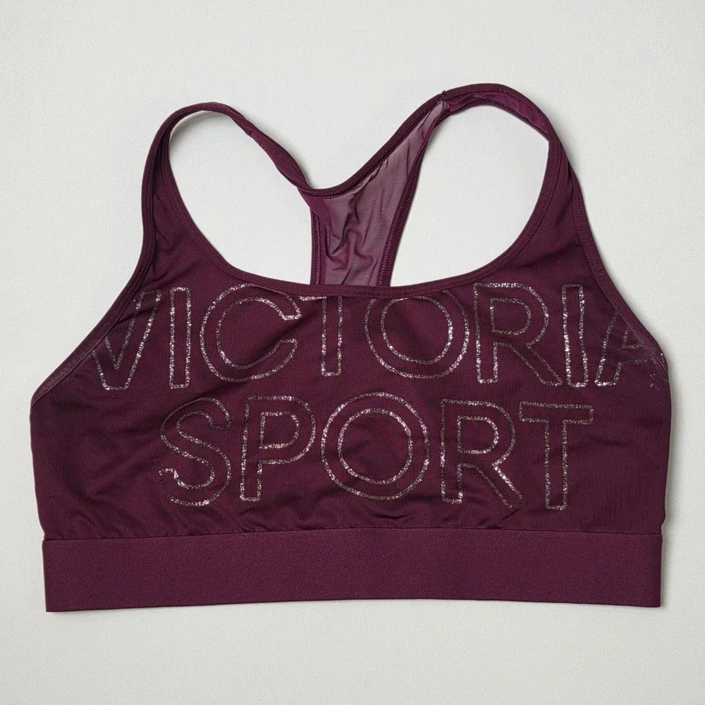 Victoria Secret Sport Racerback Sport Bra Womens L Maroon Glitter Logo Mesh Back